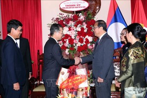 岘港市市委书记阮文广（中左）与老挝总领事苏潘·哈道黄握手致意。（图：越通社）