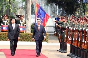 老挝人民革命党中央总书记、国家主席通伦‧西苏里与越南国家主席武文赏检阅仪仗队。（图：越通社）