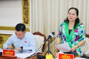 市人民议会主席阮氏丽（右）在会议上发表结论。