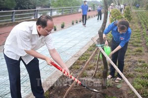 市委副书记阮胡海（左）参加植树活动。（图：市党部新闻网）
