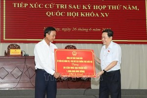 国会常务副主席陈清敏(右)颁赠20间大团结屋。（图：越通社）