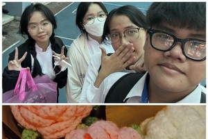 左起为青竹、原庄、玉欣、嘉明和他们钩针毛花。