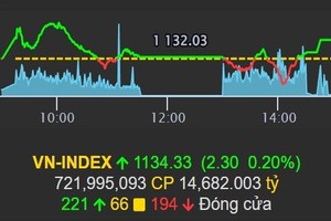 昨（27）日下午，越南股指收盘上涨2.30点，涨幅0.20%，报1,134.33点。（图：VPS网站截图）