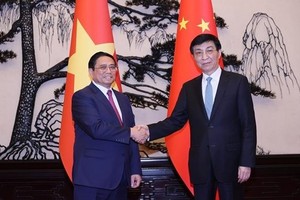 政府总理范明政(左）会见中共中央政治局常委、全国政协主席王沪宁。（图：越通社）