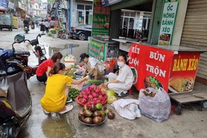 河内北升龙工业区的2名女工人在街旁摆卖果蔬以求多赚点额外收入。（图：XM）