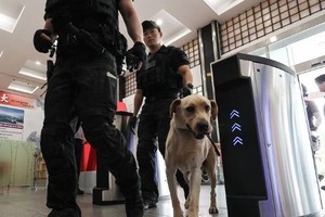 8月16日，在大邱市政府大楼，警方正在搜索爆炸物。（图：韩联社）