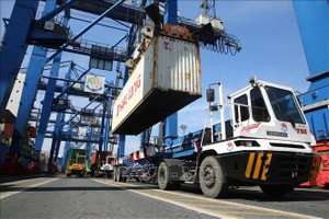 本市桔莱港口的装卸集装箱活动。（图：越通社）