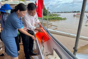 各位代表参加鱼苗投放活动。（图：景琦）