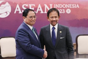 政府总理范明政（左）会见文莱达鲁萨兰国苏丹。（图：越通社）