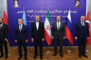 伊朗、俄罗斯、土耳其、阿塞拜疆、亚美尼亚等国外长出席会议。（图：路透社）