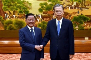 中国全国人大常委会委员长赵乐际（右）会见越南产党中央政治局委员、中央书记处书记、中央纪律检查委员会主任陈锦秀同志。（图：越通社）