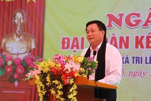 党中央政治局委员阮春胜在会上致词。（图：越通社）