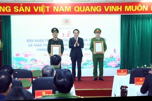 政府副总理陈留光向对毒品防打工作中取得出色成绩的集体颁授奖状。（图：金石）