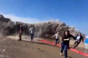 巨浪来袭，加州民众惊惶逃跑。（图：互联网）