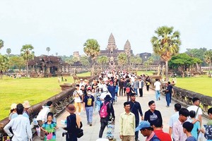 图为游客在吴哥古迹公园参观游览。（图：Suppied）