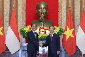 国家主席武文赏迎接印尼总统佐科‧维多多。（图：阮红）