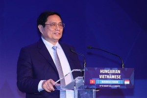 政府总理范明政在越匈企业论坛上发言。（图：越通社）