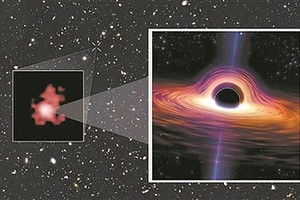 哈勃空间望远镜此前曾“看到”的GN-z11星系（左）和正在“进食”的黑洞的艺术插图（右）。 （图：美国太空网）