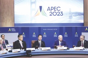 越南国家主席武文赏(左三)出席APEC领导人同东道主嘉宾对话会。