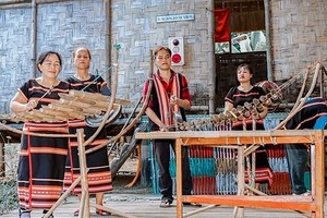 舍登族同胞演奏自己的民族乐器。