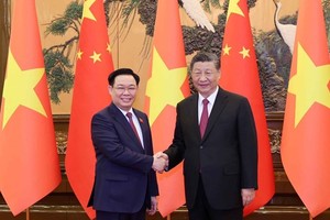 越南国会主席王廷惠与会见中共中央总书记、中华人民共和国主席习近平。（图：越通社）