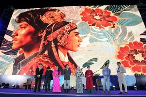 观众在胡志明市国际电影节的户外电影院与《双郎》剧组交流。