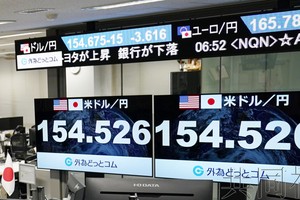 图为 4月29日下午东京都港区的外汇.com的屏幕上显示日元汇率一度达到1美元兑换154.5日元上方。（图：共同社）