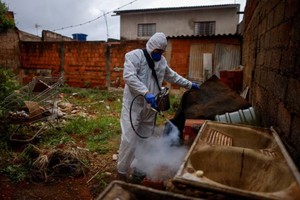 图为巴西卫生人员在巴西利亚一处住宅区里喷药灭蚊。（图：路透社）