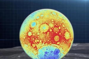 月球背面南极-艾肯盆地假彩色高程图。