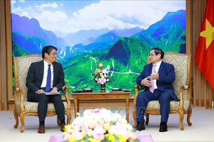 政府总理范明政（右）与日本大使伊藤直树交谈。（图：越通社）