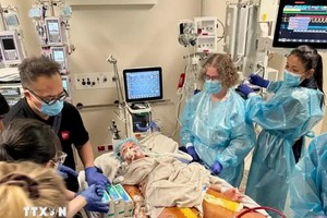 本月7日晚，市第二儿童医院急救小组已为病人设立移动性体外膜肺氧合技术，协助新加坡EMA Global航空医疗运输队。（图：越通社）