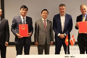 政府副总理陈红河(中)与丹麦气候、能源和公用事业大臣出席两国共同行动计划互换仪式。（图：越通社）