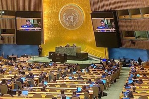 越南代表在通过《河内公约》的活动上发言。（图：越通社）