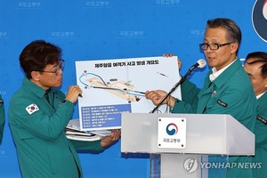 在中央政府世宗大楼，韩国国土交通部航空安全政策官柳景水(右)在务安客机事故记者会上作说明。（图：韩联社）