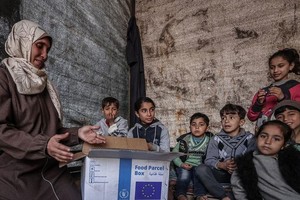 加沙的一个家庭收到一箱食物。