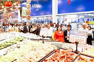 1月13日中午，工商部副部长潘氏胜亲往安富MM大型超市（守德市）检查为春节服务的供应货源。（图：黄雄）