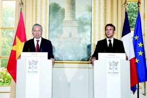 苏林总书记与法国总统马克龙共同主持记者会。