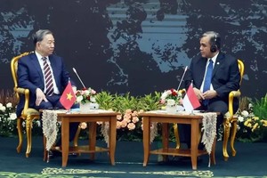 越南共产党中央总书记苏林和印尼人民协商会议（MPR RI）主席阿赫迈德·穆扎尼。（图：越通社）