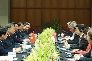 越南共产党中央总书记苏林与新加坡总理黄循财举行会谈。（图：越通社）