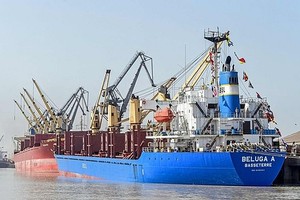 2025年4月5日，停靠在古吉拉特邦坎德拉迪恩达亚尔港务局（DPA）的船只全景。（图：AFP）