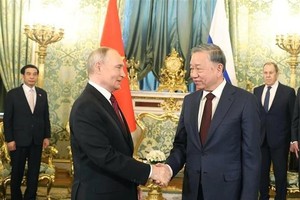 越南共产党中央总书记苏林与俄罗斯总统普京举行小范围会谈。（图：越通社）