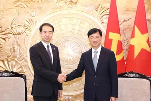 党中央检查委员会主任阮维玉（右）会见中国驻越南大使何炜。（图：越通社）