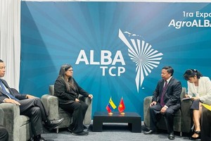 越南农业科学院院长阮鸿山教授与委内瑞拉外交部副部长塔蒂亚娜·普之间的工作会谈场景。（图：越通社）