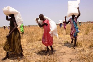 在南苏丹琼格莱州皮耶里郊外空投后，人们取回一袋袋粮食。（图：联合国）