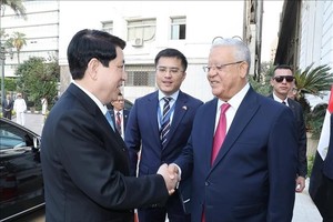越南国家主席梁强会见埃及众议院议长哈纳菲•贾巴利。图自越通社