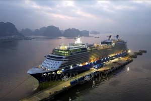 马耳他籍“名人极致号” 邮轮搭载3016名游客停靠广宁省摆寨坊下龙国际客运港。