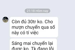 金瓯省建设厅领导的Zalo账号遭不法分子盗用，用于发送借钱短信。截图