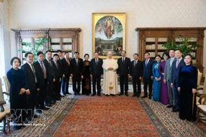 国会主席陈青敏与夫人同教皇利奥十四世及代表们合影。