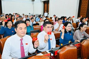 胡志明市人民议会代表在会上表决通过各项《呈文》。