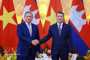 越南政府总理黎明兴（右）与柬埔寨首相洪玛奈（左）会谈前亲切握手。
